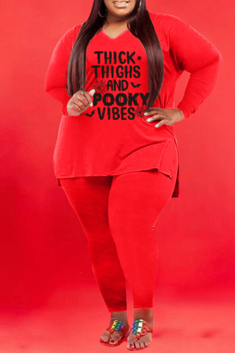 Red Fashion Casual Letter Print Basic V Neck Plus Size Two Pieces