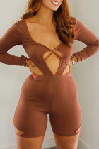 Brown Sexy Casual Solid Hollowed Out V Neck Skinny Romper