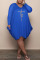 Blue Casual Print Split Joint U Neck Long Sleeve Plus Size Dresses