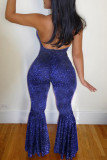 Blue Fashion Sexy Solid Backless Halter Regular Jumpsuits