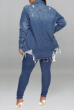 Dark Blue Fashion Casual Solid Ripped Turndown Collar Plus Size Overcoat
