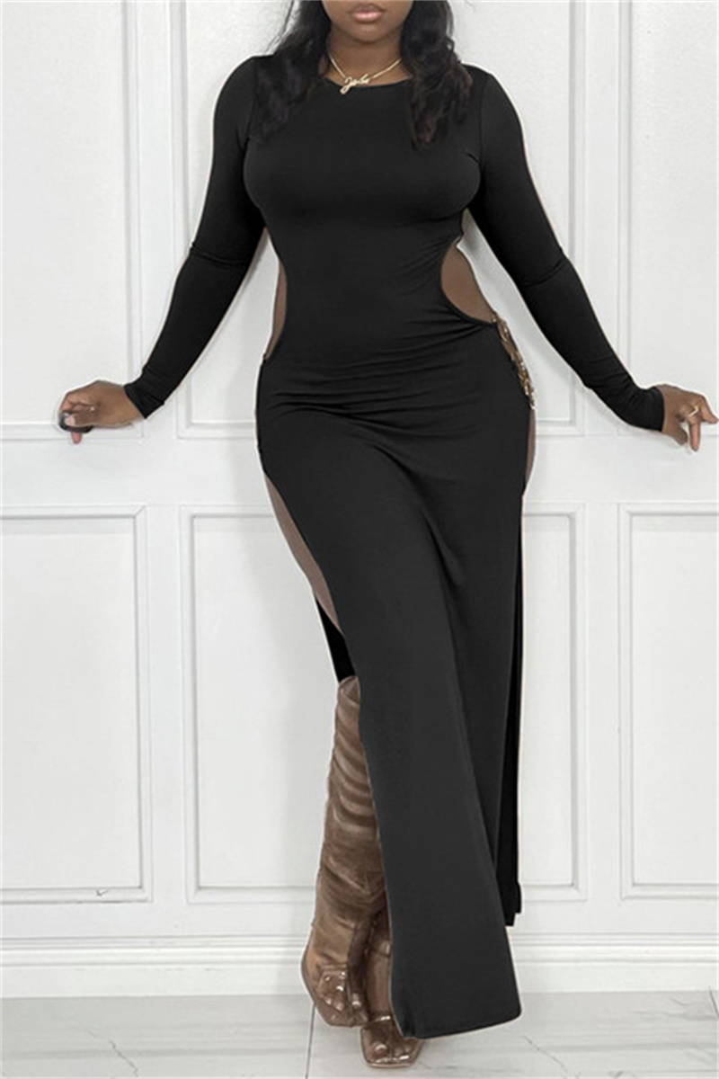Black Sexy Casual Solid Hollowed Out Slit O Neck Long Sleeve Dresses