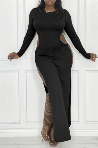 Black Sexy Casual Solid Hollowed Out Slit O Neck Long Sleeve Dresses