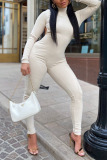 Cream White Sexy Solid Patchwork Backless Turtleneck Skinny Jumpsuits