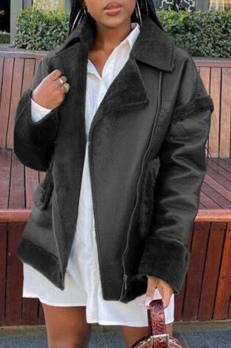 Black Fashion Casual Solid Patchwork Turndown Collar Outerwear