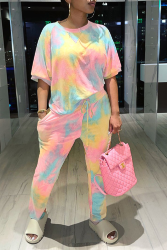 Pink Casual Patchwork Tie-dye O Neck Long Sleeve Two Pieces