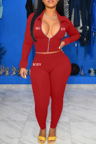 Red Fashion Casual Letter Embroidery Solid Color Zipper Collar Long Sleeve Two Pieces