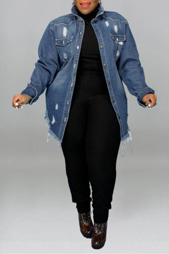 Dark Blue Fashion Casual Solid Ripped Turndown Collar Plus Size Overcoat