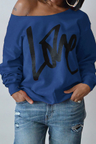Blue Fashion Casual Letter Print Basic Oblique Collar Tops