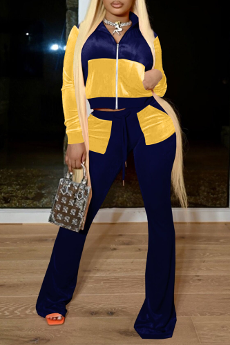 Tibetan Blue Casual Solid Patchwork Zipper Collar Long Sleeve Two Pieces