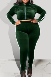 Green Casual Solid Patchwork Zipper Collar Plus Size Two Pieces
