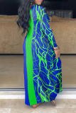 Blue Casual Print Patchwork V Neck Straight Plus Size Dresses