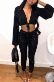 Black Nightclub Fashion Slim Sequins With Lining Trousers