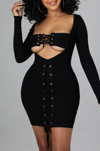 Black Sexy Solid Hollowed Out Patchwork Frenulum V Neck Pencil Skirt Dresses