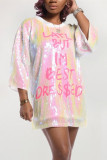 Pink Fashion Letter Print Sequined Loose Dress