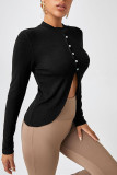 Black Fashion Casual Solid Buttons Slit O Neck Tops