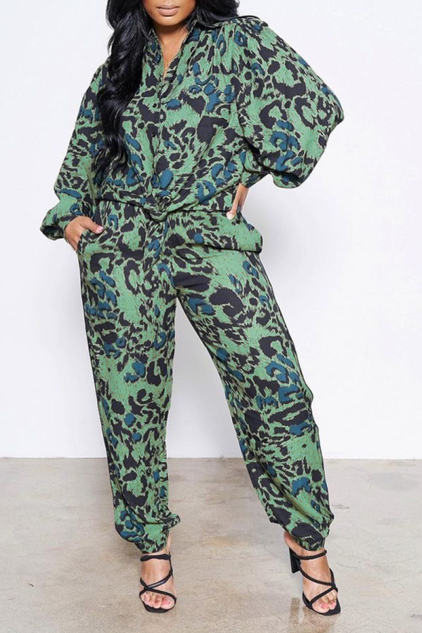 Green Casual Patchwork Tie-dye Turndown Collar Long Sleeve Two Pieces