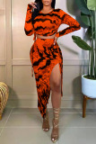 Tangerine Red Sexy Print Split Joint Draw String High Opening Asymmetrical O Neck Long Sleeve Two Pieces