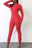 Red Casual Solid Patchwork Fold Zipper Collar Skinny Jumpsuits