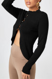 Black Fashion Casual Solid Buttons Slit O Neck Tops