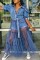 Blue Fashion Casual Plus Size Patchwork Mesh Turndown Collar Short Sleeve Dress