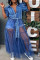 Deep Blue Fashion Casual Plus Size Patchwork Mesh Turndown Collar Short Sleeve Dress