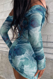 Light Blue Fashion Sexy Print Tie Dye Backless Off the Shoulder Long Sleeve Dresses