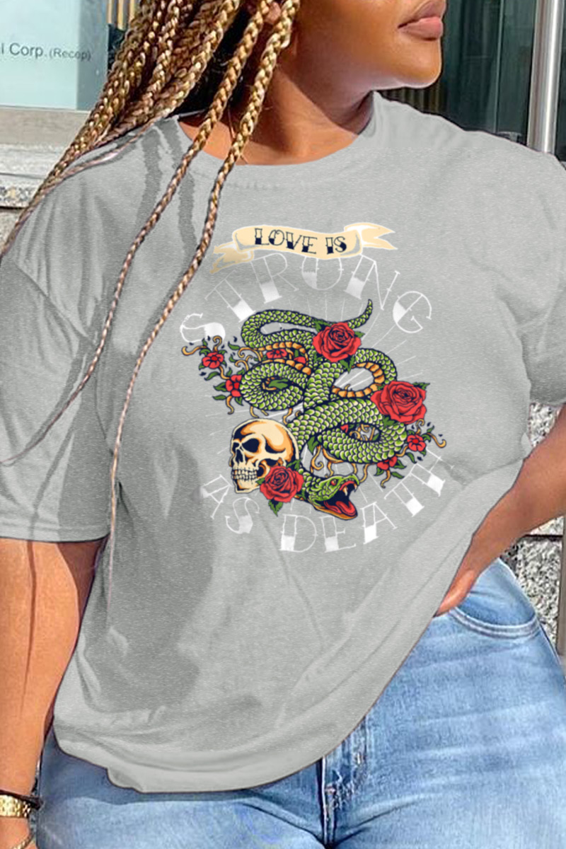 

Grey Fashion Party Print Split Joint O Neck T-Shirts