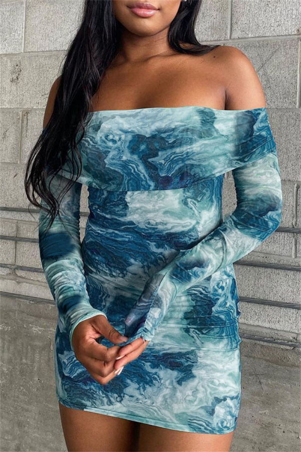 Light Blue Fashion Sexy Print Tie Dye Backless Off the Shoulder Long Sleeve Dresses