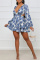 Blue Fashion Casual Print Hollowed Out V Neck Long Sleeve Dresses
