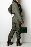 Green Casual Solid Split Joint Pocket Buckle Fold Turndown Collar Long Sleeve Two Pieces