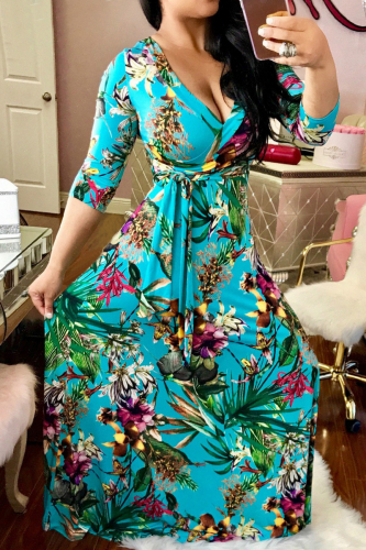 Blue Fashion Casual Print Bandage V Neck Long Sleeve Dresses