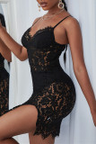 Black Sexy Solid Hollowed Out See-through Backless V Neck Sling Dress