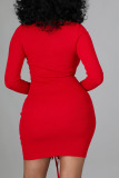 Red Sexy Solid Hollowed Out Patchwork Frenulum V Neck Pencil Skirt Dresses