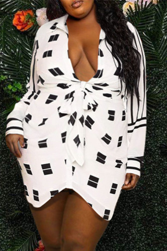 White Fashion Casual Print Bandage V Neck Long Sleeve Plus Size Dresses
