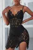 Black Sexy Solid Hollowed Out See-through Backless V Neck Sling Dress
