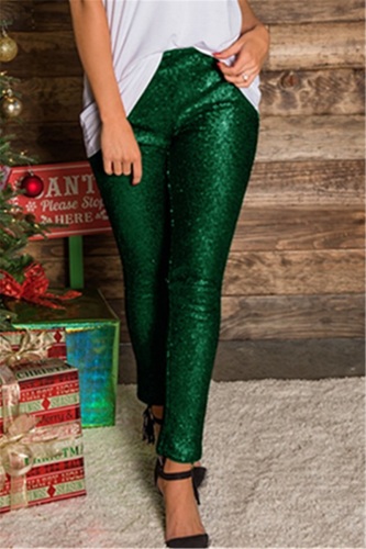 Green Nightclub Fashion Slim Sequins With Lining Trousers