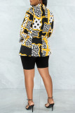 Yellow Fashion Casual Print Cardigan Turndown Collar Outerwear