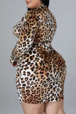 Coffee Sexy Print Leopard Split Joint Zipper Zipper Collar One Step Skirt Plus Size Dresses