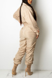 Light Brown Casual Solid Split Joint Pocket Buckle Fold Turndown Collar Long Sleeve Two Pieces