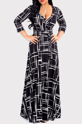 Black Fashion Casual Print Bandage V Neck Long Sleeve Dresses
