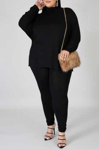 Black Fashion Casual Solid Basic Turtleneck Plus Size Two Pieces