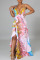 Multicolor Sexy Print Split Joint Backless Flounce Asymmetrical V Neck Sling Dress Dresses