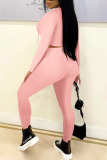 Pink Casual Solid Patchwork Frenulum Hooded Collar Long Sleeve Two Pieces