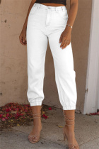 White Fashion Casual Solid Basic High Waist Regular Denim Jeans