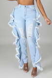 Light Blue Street Solid Tassel Ripped Make Old Patchwork Flounce High Waist Skinny Denim Jeans