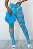 Blue Sexy Print Patchwork See-through Skinny High Waist Pencil Full Print Bottoms