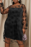 Black Fashion Sexy Print See-through O Neck Dress Plus Size Two Pieces