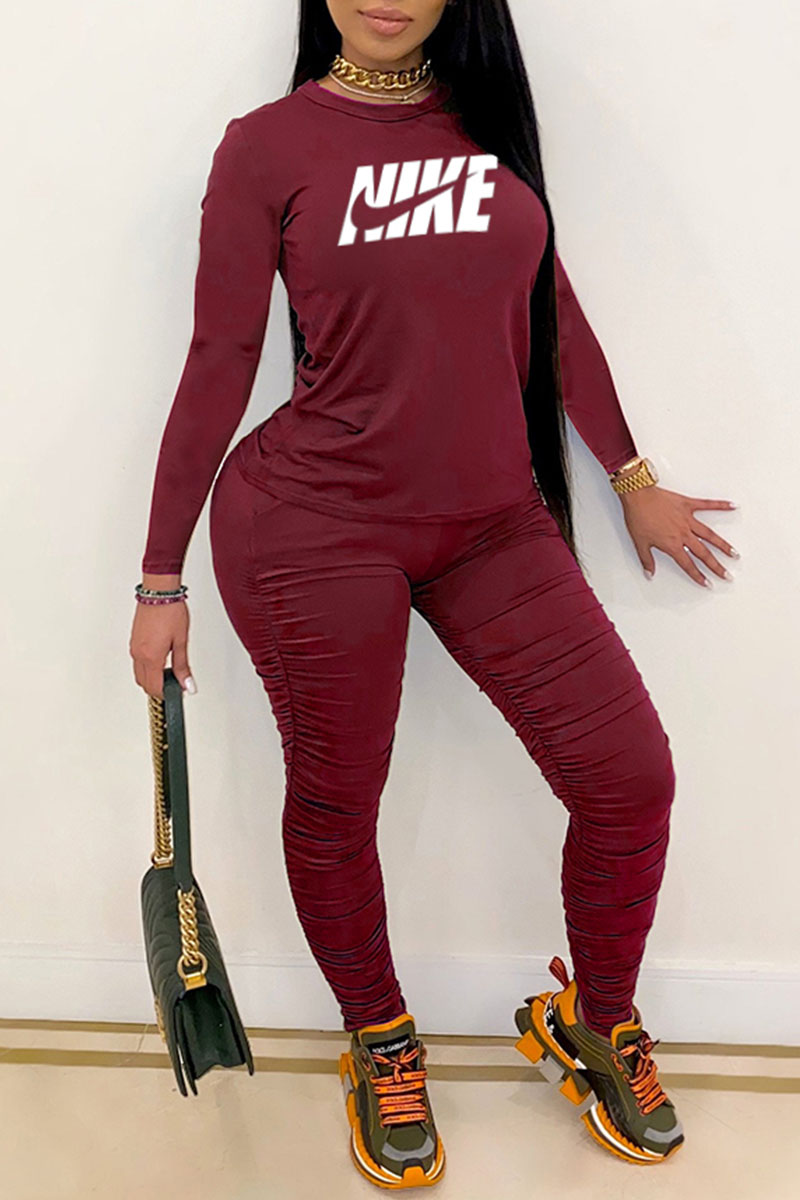

Burgundy Fashion Casual Print Split Joint O Neck Long Sleeve Two Pieces