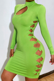 Green Sexy Casual Solid Hollowed Out Turtleneck Long Sleeve Dresses
